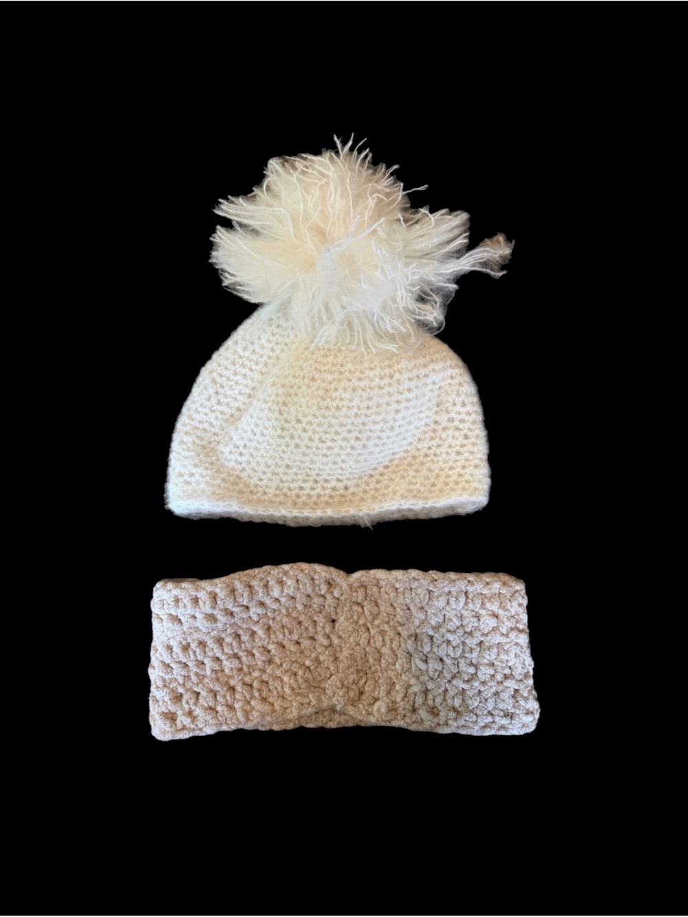 New Handmade Knitted Hat Beanie Cream Mohair Pom Pom & Cream Crocheted Headband